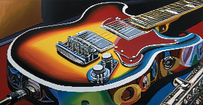 A close-up view of a shiny electric guitar leaning against an amplifier, with colorful stickers and a soft spotlight in a dimly lit stage setting.