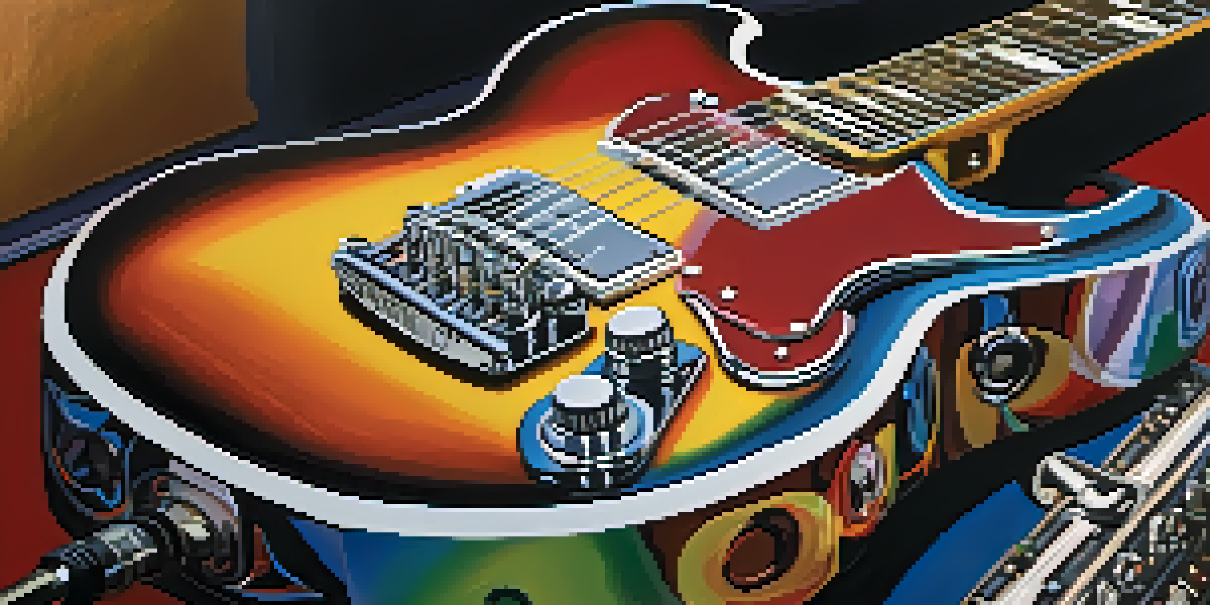 A close-up view of a shiny electric guitar leaning against an amplifier, with colorful stickers and a soft spotlight in a dimly lit stage setting.