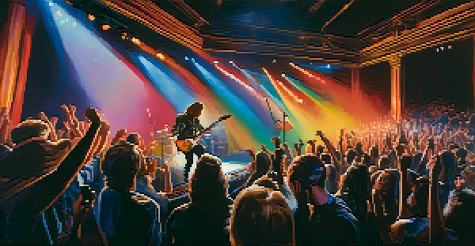 A rock band performing on stage with a lead guitarist, surrounded by floor monitors and an excited audience, under colorful lights.