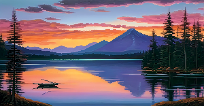 A beautiful sunset over a calm lake with colorful skies and silhouettes of pine trees.