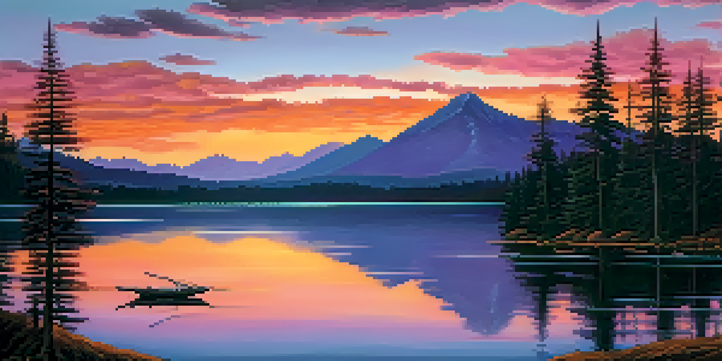 A beautiful sunset over a calm lake with colorful skies and silhouettes of pine trees.