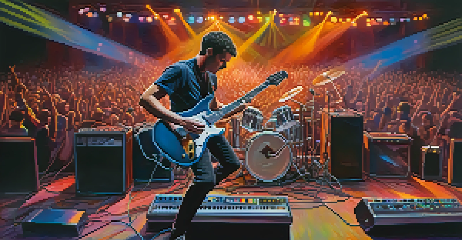 An electric guitarist performing on stage with colorful lights, surrounded by an array of guitar pedals in the foreground.