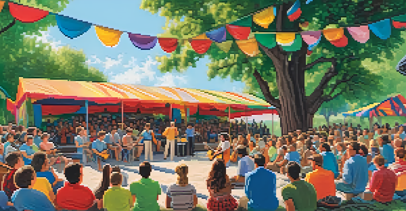 A guitar ensemble performing outdoors in front of an engaged audience, with colorful decorations and trees in the background.
