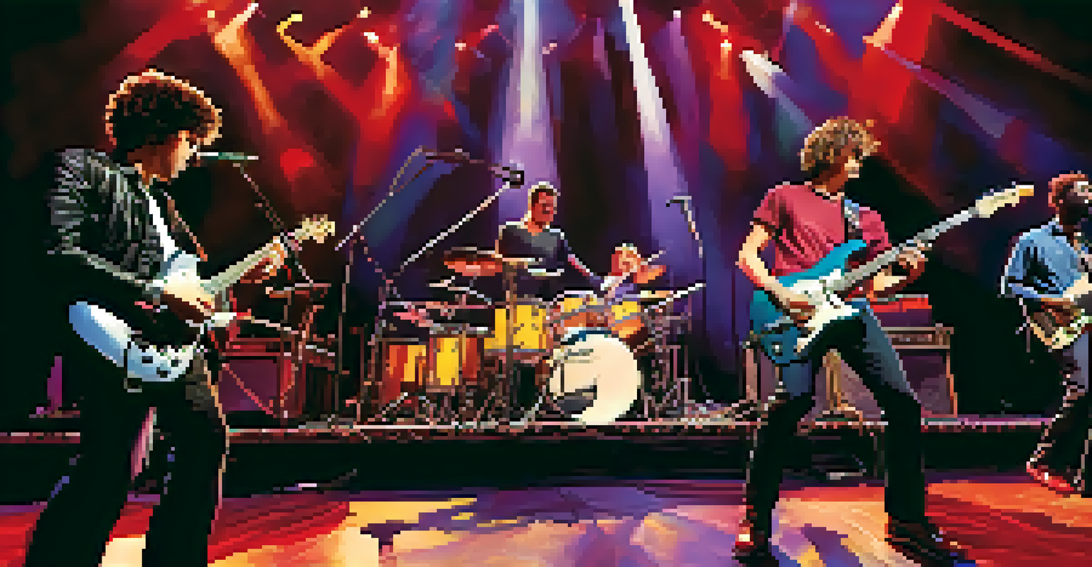 A band performing live on stage, with a lead guitarist in the spotlight, showcasing vibrant lighting and a collaborative atmosphere among musicians.