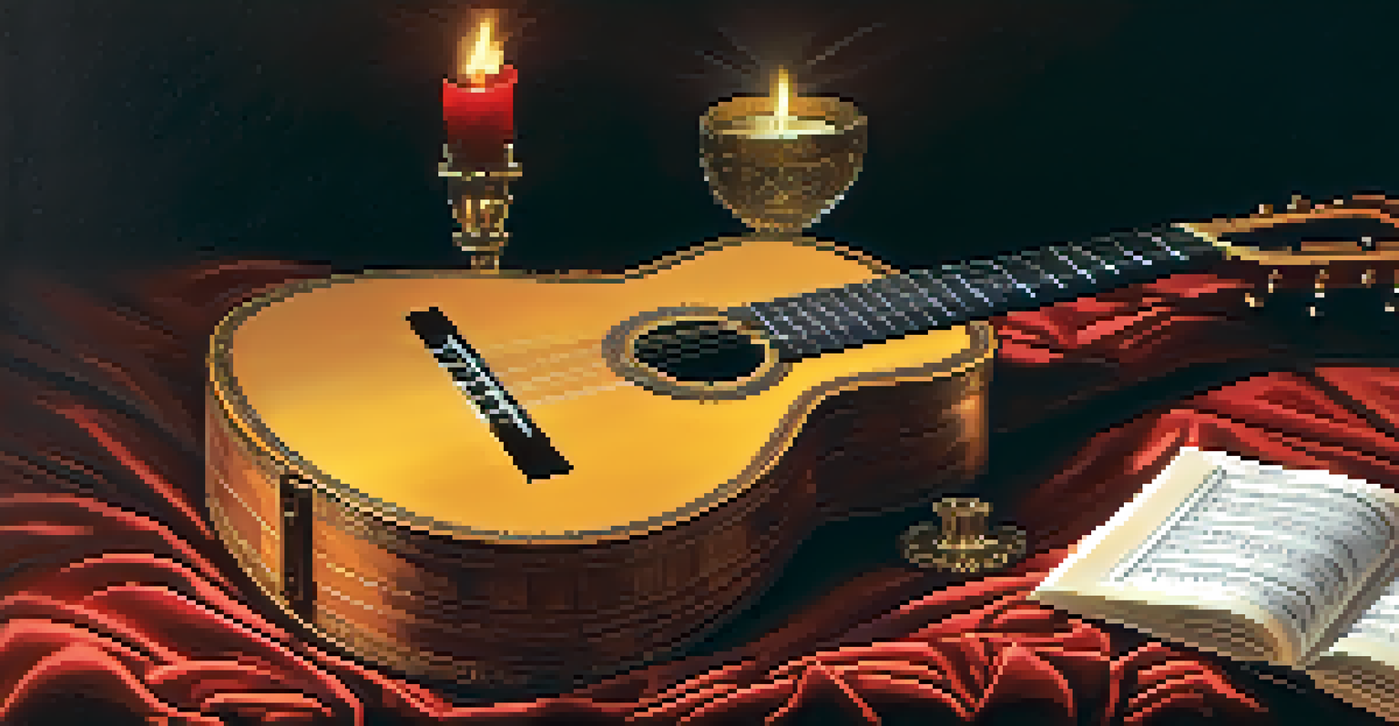 A Baroque guitar on a velvet cushion with sheet music and a candle, showcasing its elegant design.