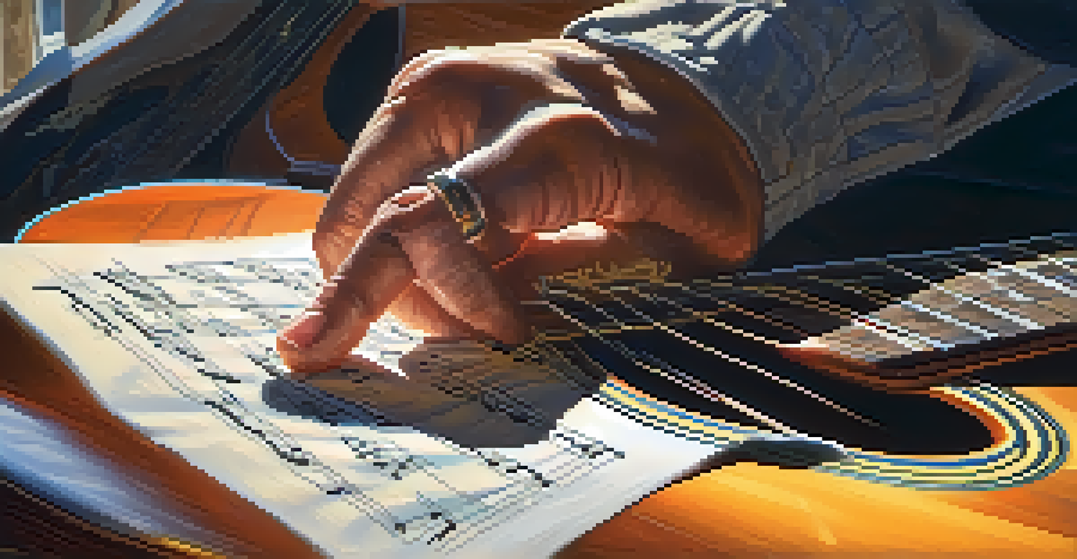 A close-up of a guitarist's hands playing an acoustic guitar with scattered music sheets and warm sunlight creating a focused atmosphere.