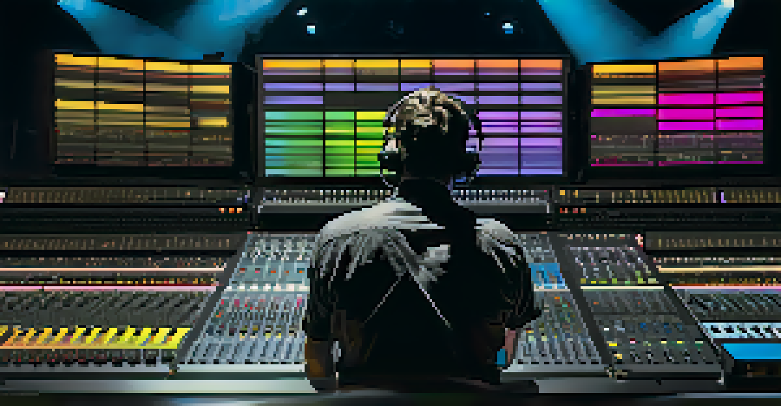 A sound engineer at a mixing console, adjusting monitor levels during a live concert, with musicians performing on stage in the background.