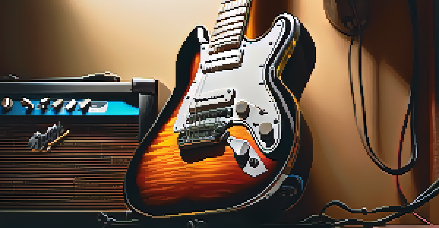 An electric guitar and vintage amplifier in a dimly lit room with colorful lights.