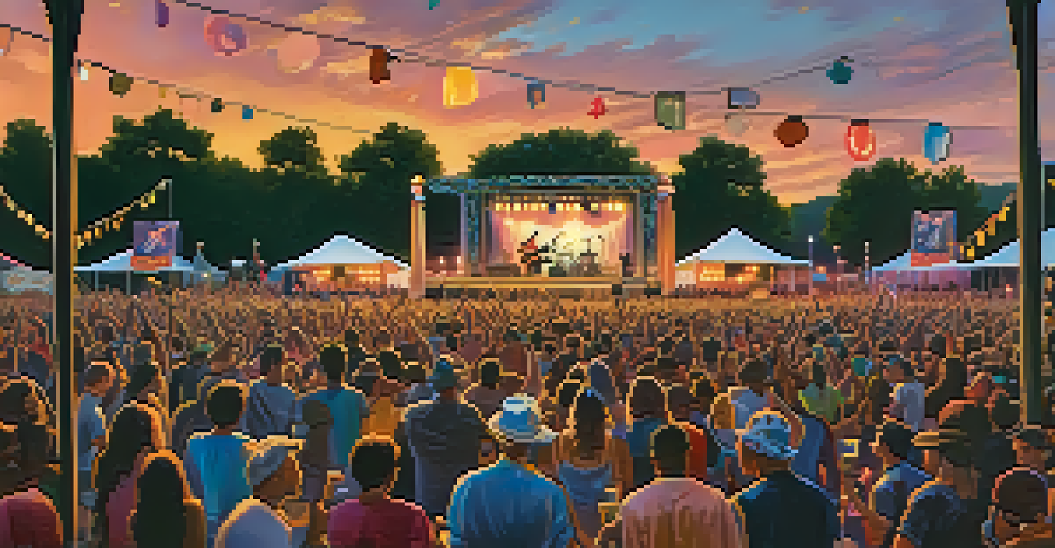 A lively outdoor festival scene with musicians playing guitars on stage, colorful lights, and a sunset backdrop creating a warm atmosphere.