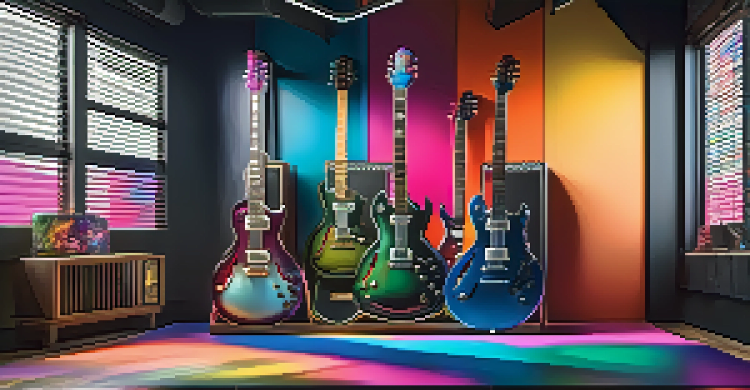 A modern metal guitar stand holding an electric guitar in a vibrant music studio with colorful soundproofing panels and bright lighting.