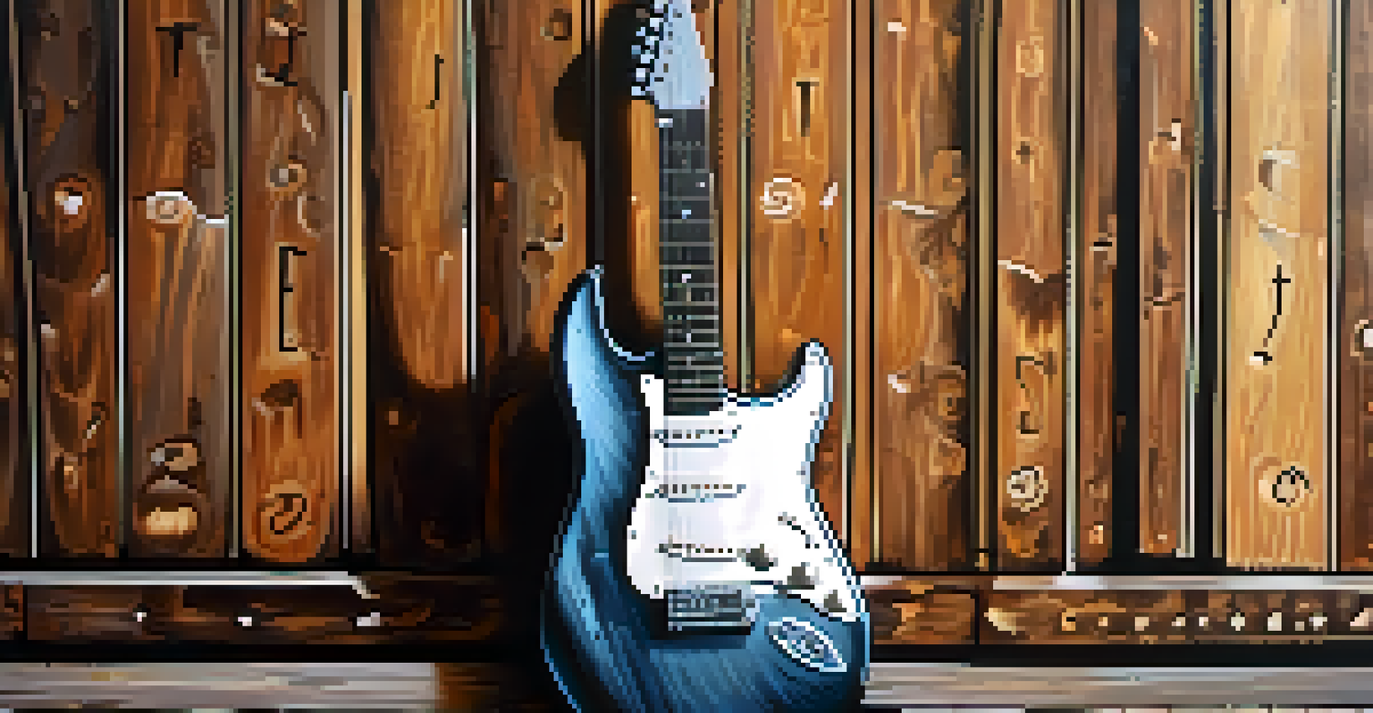 A close-up of a vintage guitar against a rustic wall, with gleaming strings and scattered sheet music notes.