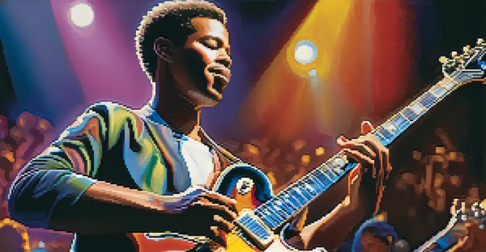A jazz guitarist passionately performing on stage with colorful lights, showcasing intricate guitar details and a blurred audience in the background.