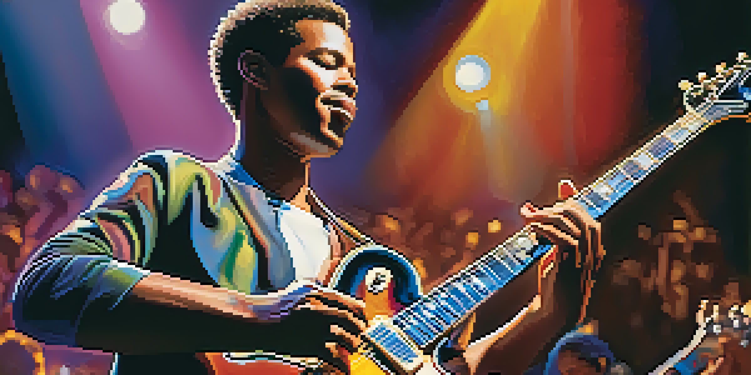 A jazz guitarist passionately performing on stage with colorful lights, showcasing intricate guitar details and a blurred audience in the background.