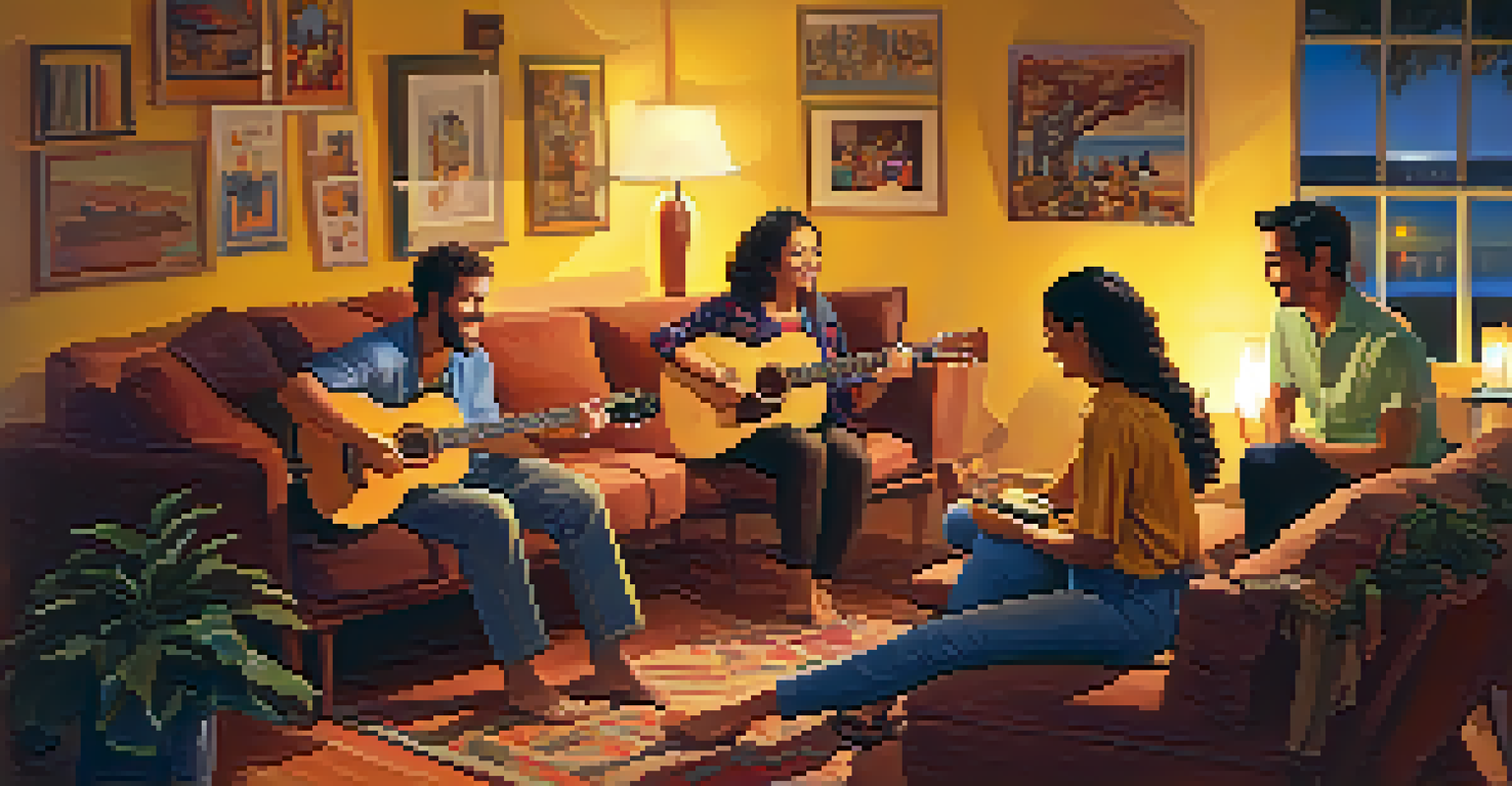 A cozy living room scene with friends enjoying Bossa Nova music, one person playing the guitar and others swaying to the rhythm.