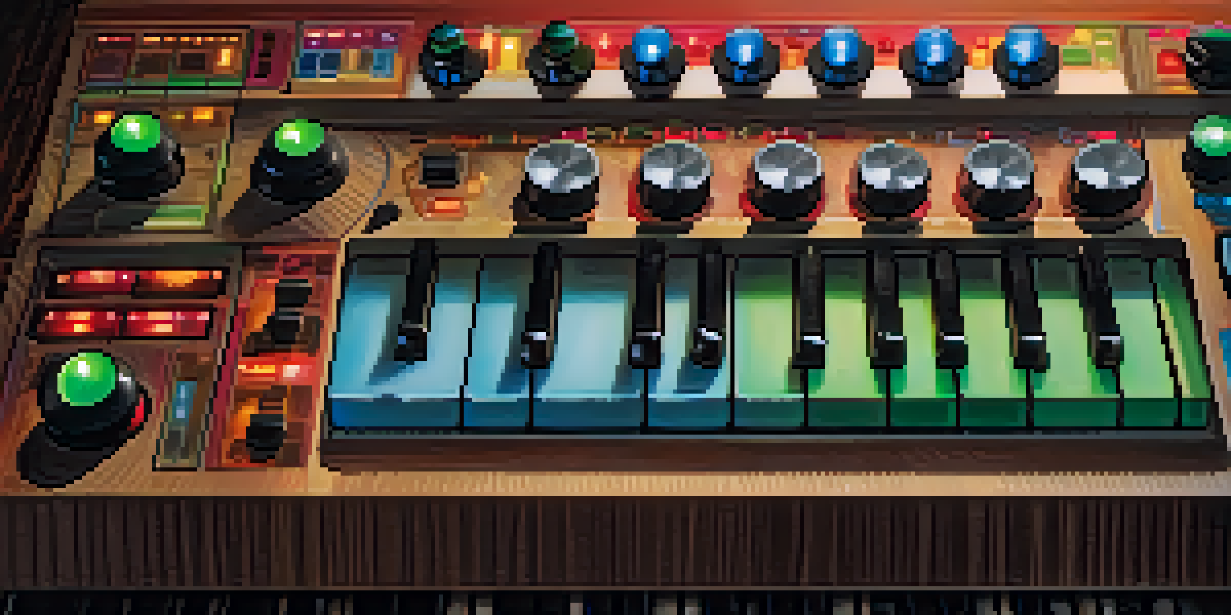 A detailed close-up of a MIDI controller with colorful LED lights on a wooden surface.