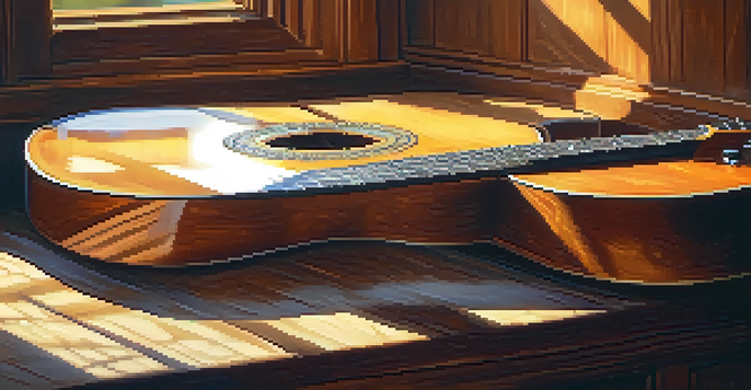 A close-up image of a guitar on a wooden floor, illuminated by soft sunlight, with music sheets nearby.