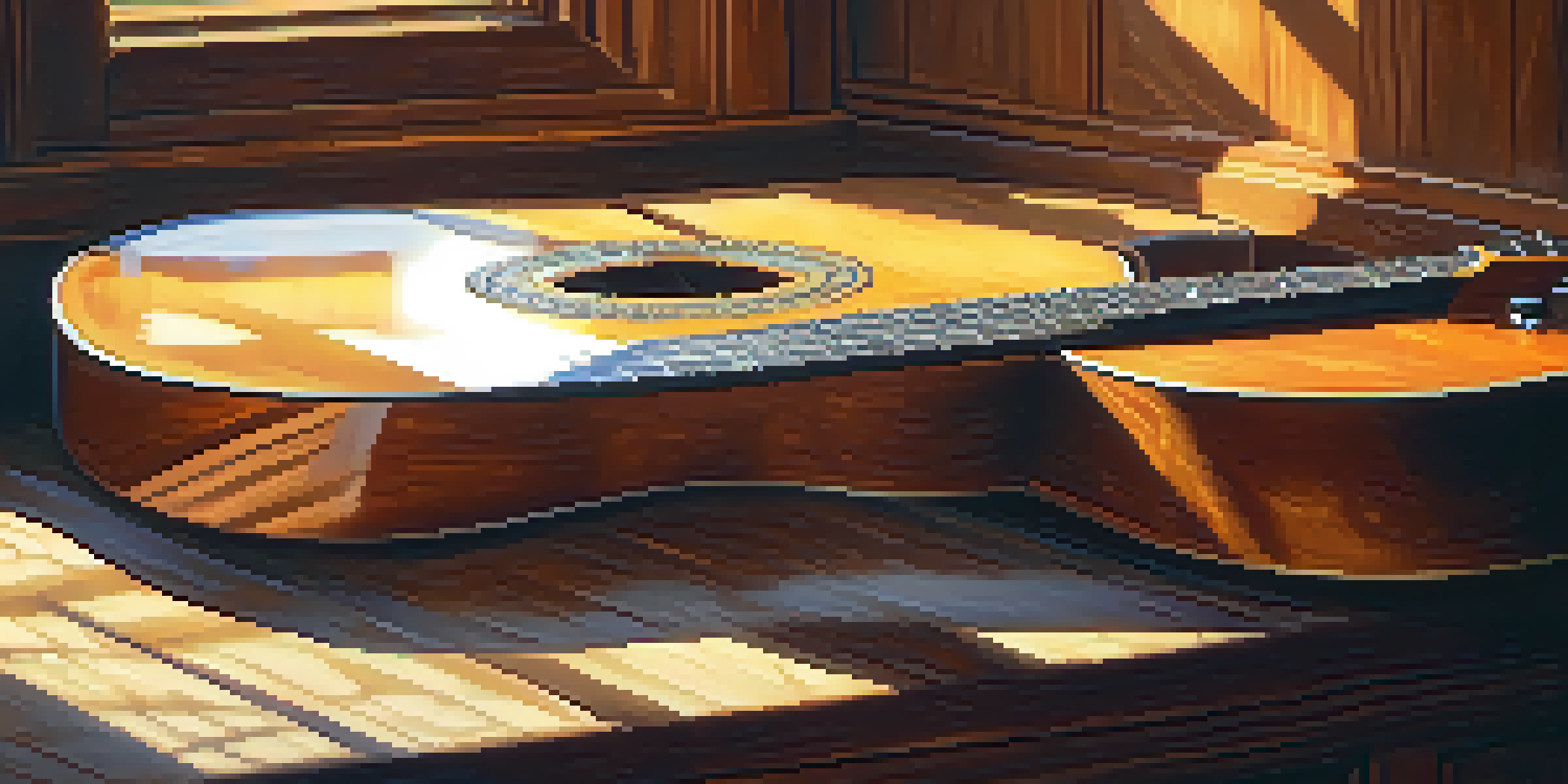 A close-up image of a guitar on a wooden floor, illuminated by soft sunlight, with music sheets nearby.