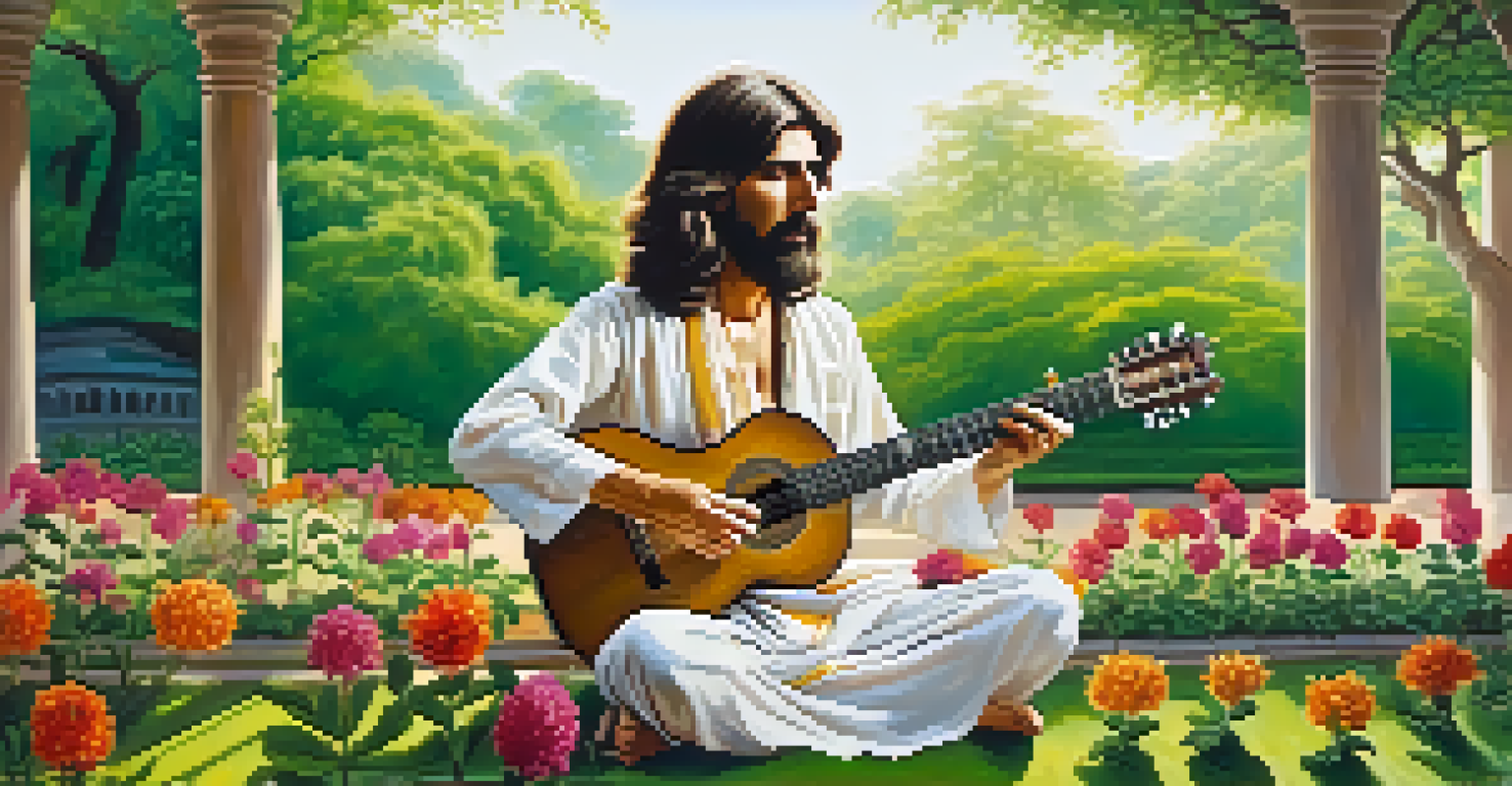 George Harrison playing sitar in a lush green garden in India, surrounded by flowers and sunlight.