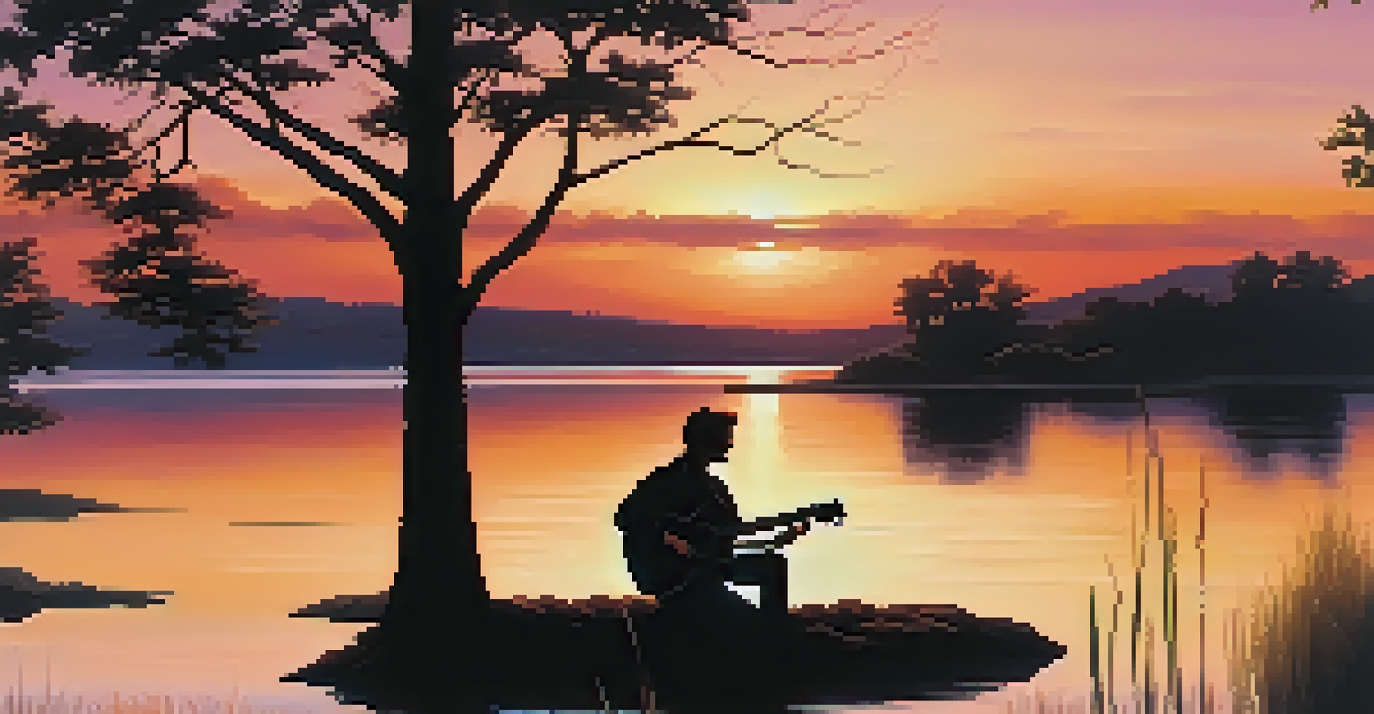 A musician playing guitar by a lake at sunset, with vibrant colors reflecting on the water and a serene atmosphere.