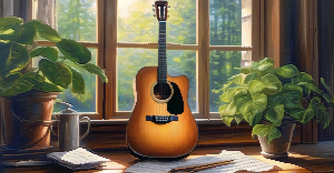 A close-up view of an acoustic guitar on a wooden table, with sheet music and warm sunlight illuminating the scene.