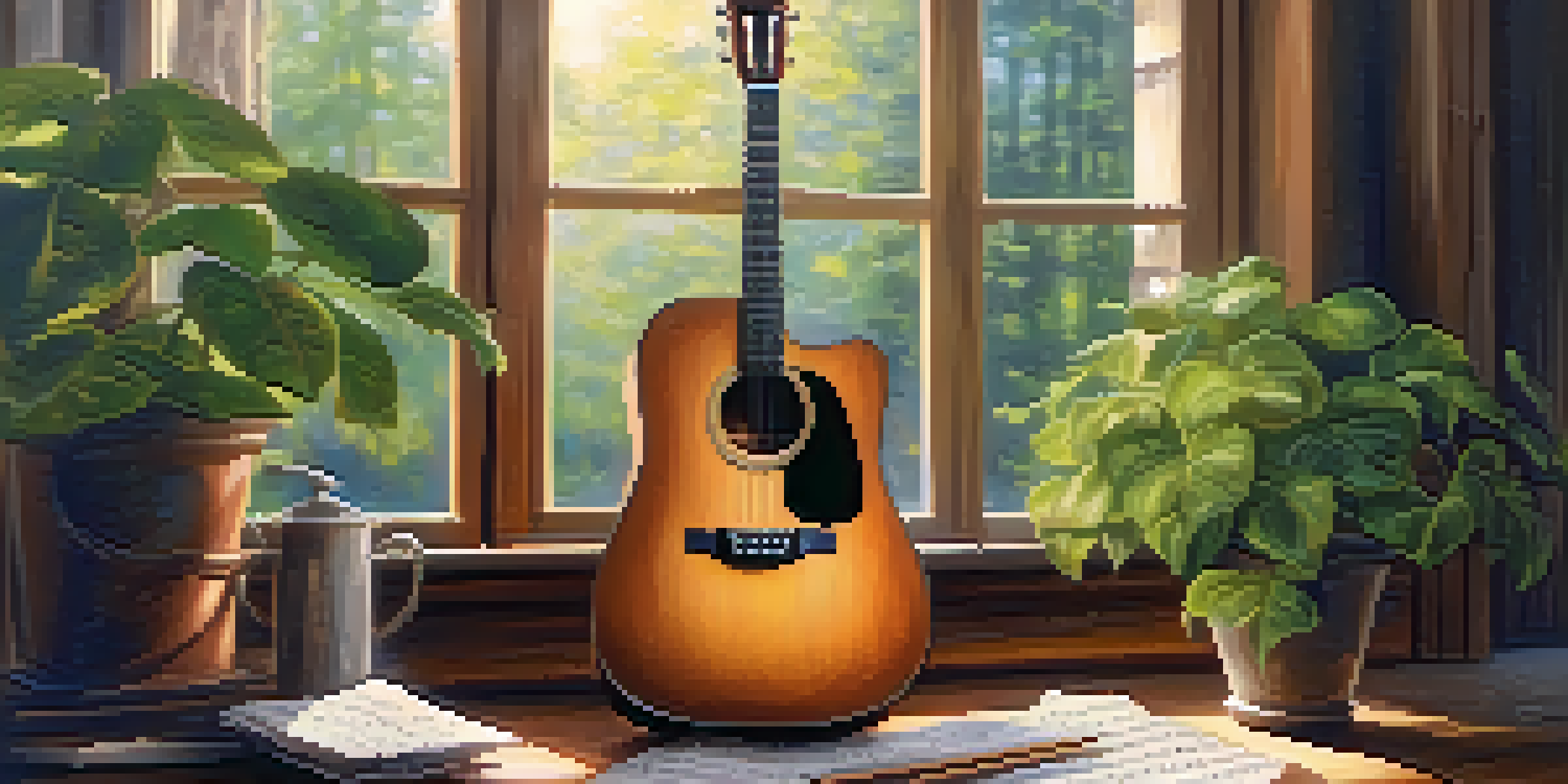 A close-up view of an acoustic guitar on a wooden table, with sheet music and warm sunlight illuminating the scene.