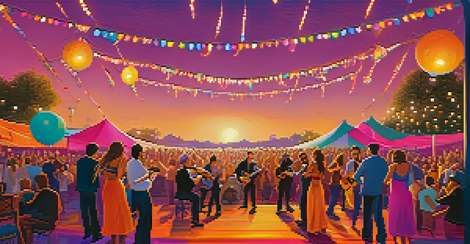 An outdoor festival scene celebrating Gypsy Jazz, with musicians on stage and an energetic crowd dancing under sunset colors.