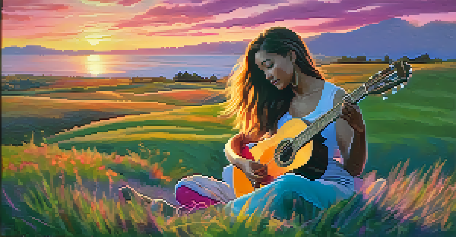 A person sitting on a grassy hill playing an acoustic guitar during a vibrant sunset, creating a tranquil atmosphere.
