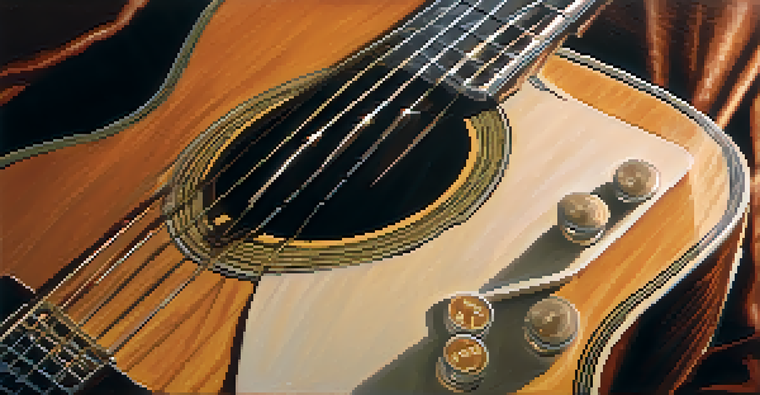 Close-up of guitar strings and fretboard with a musician's fingers playing chords, highlighting the instrument's details and textures.