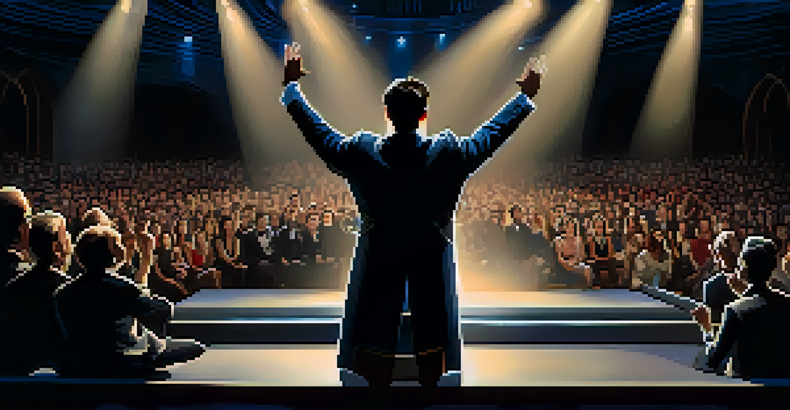 A performer on stage making a strong opening gesture, with a captivated audience and dramatic lighting, setting the tone for the show.