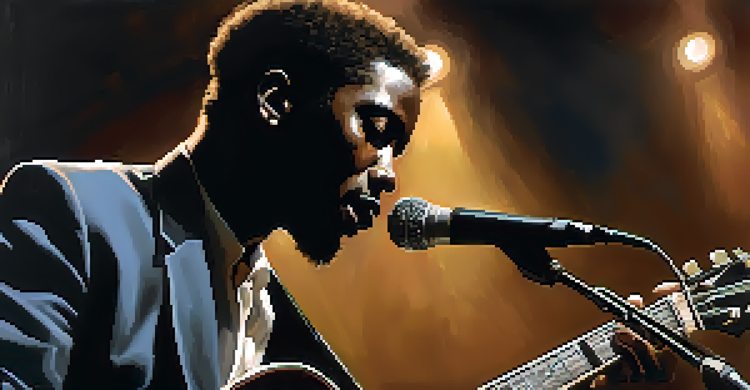 An African American blues guitarist performing on stage with a soulful expression, illuminated by a warm spotlight.