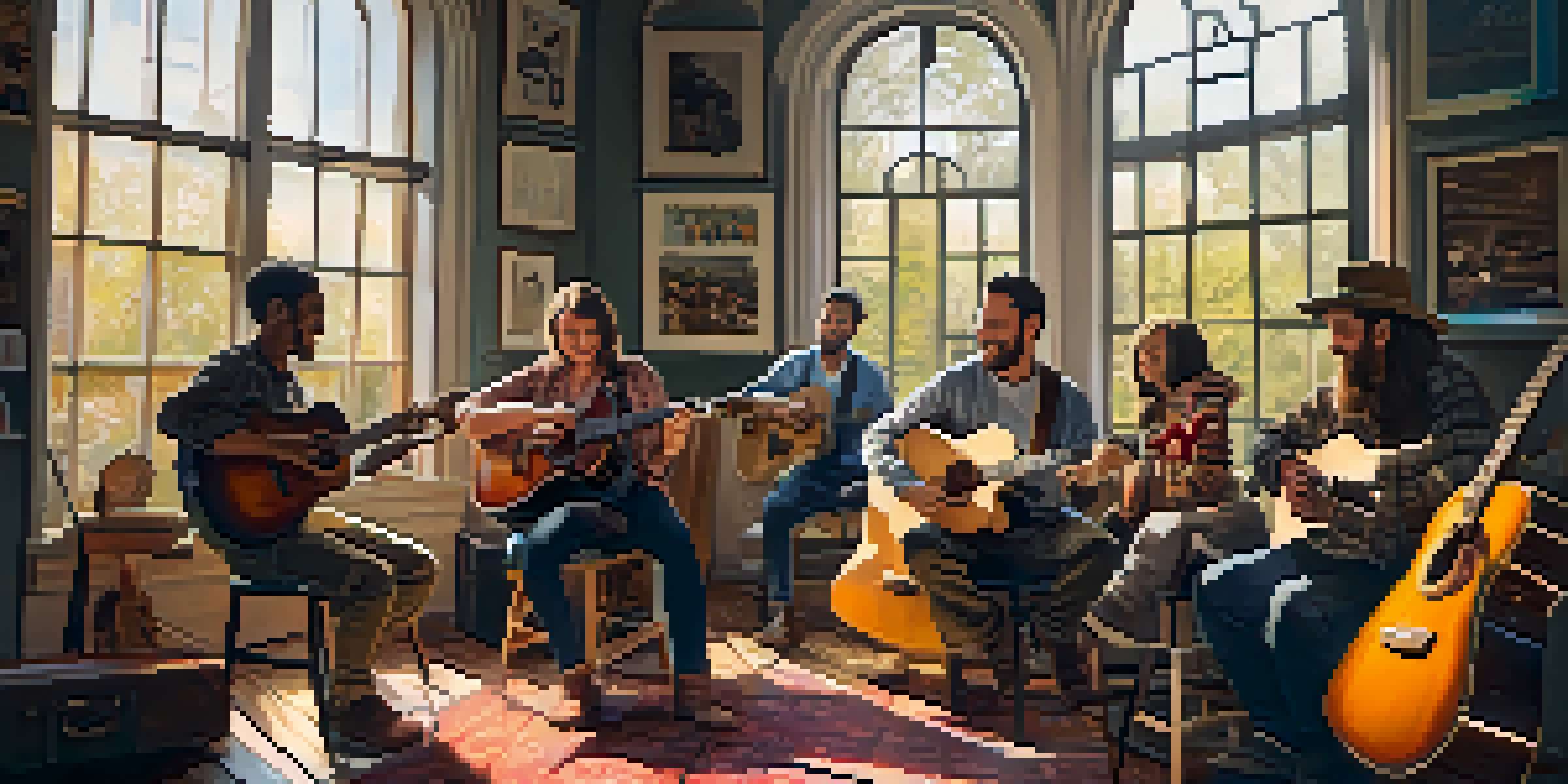 A diverse group of musicians in a warm and inviting guitar workshop, playing together and sharing smiles.