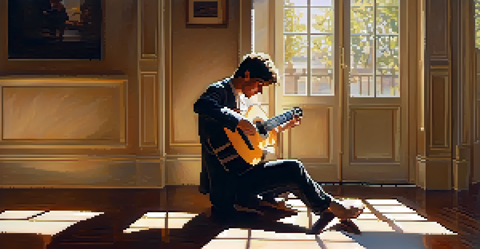 A musician playing a classical guitar in a sunlit room, with light streaming through a window.