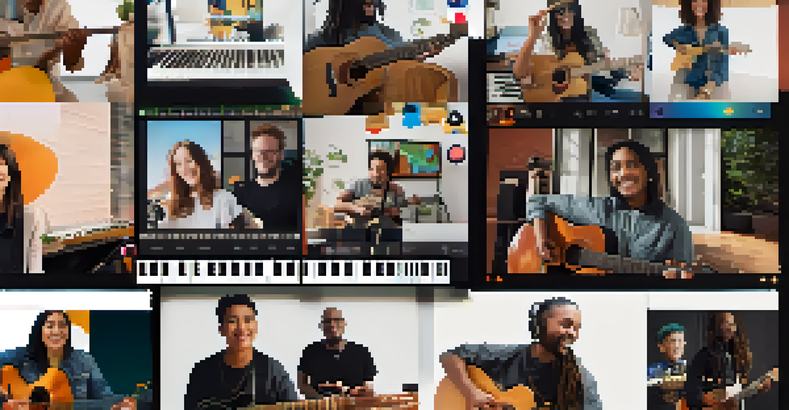 A virtual collaboration scene with diverse musicians in a video call, each in their unique environments, playing instruments.