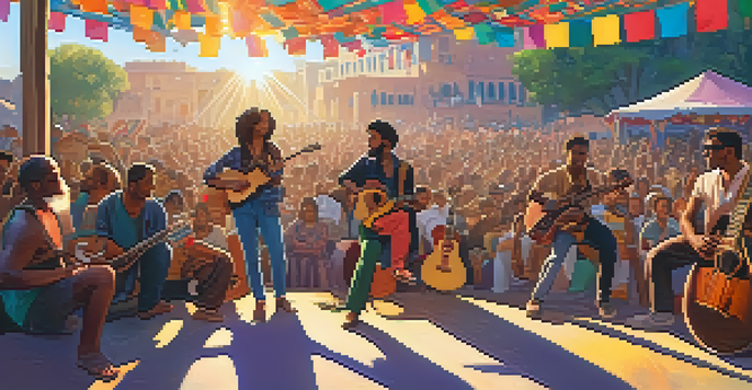 A lively outdoor cultural festival with musicians of various backgrounds playing guitars on stage, surrounded by an enthusiastic audience and colorful decorations.