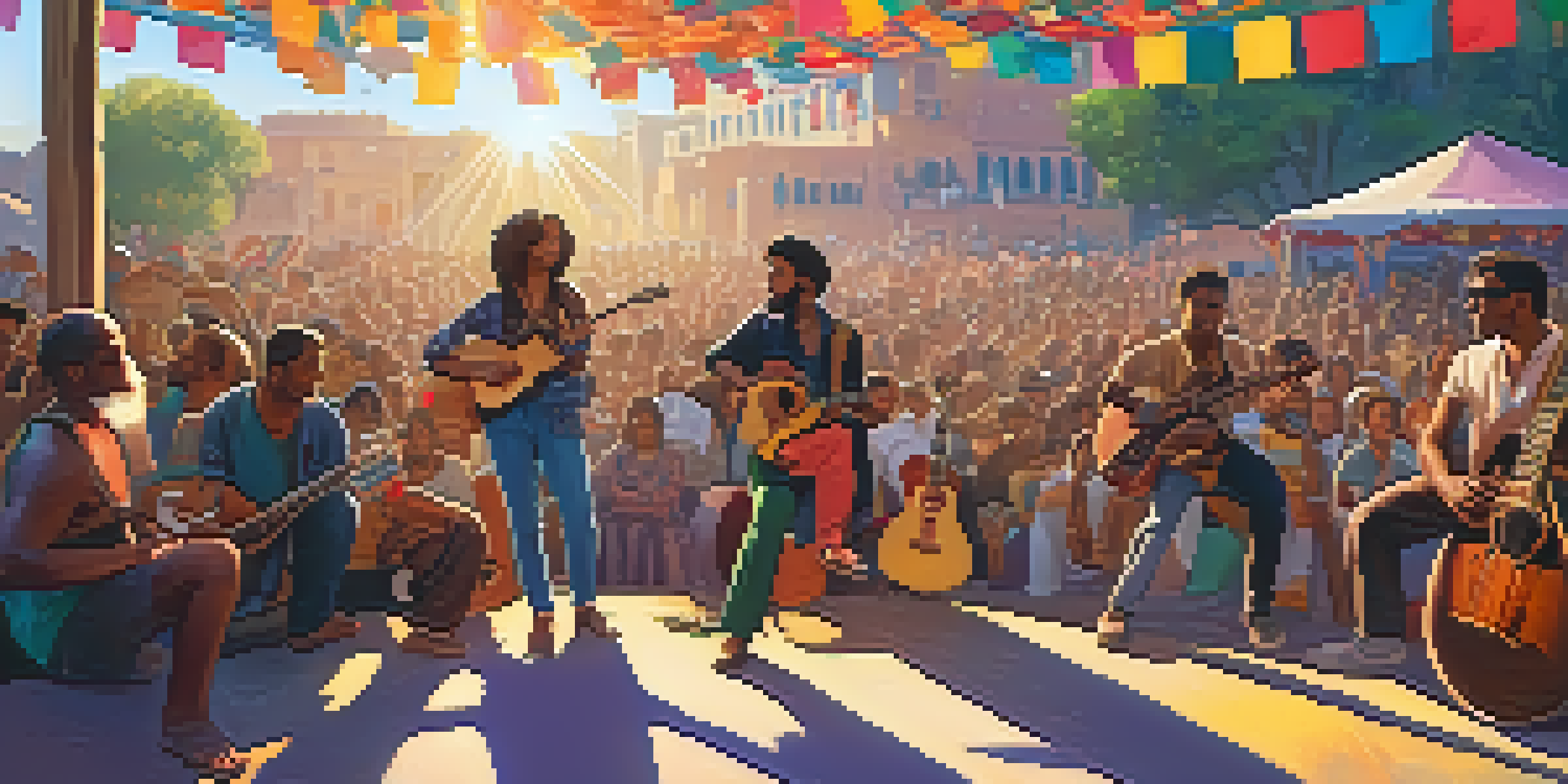 A lively outdoor cultural festival with musicians of various backgrounds playing guitars on stage, surrounded by an enthusiastic audience and colorful decorations.