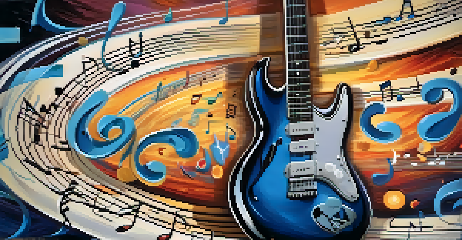 A guitar surrounded by musical notes and colorful swirls, representing the fusion of different music genres.