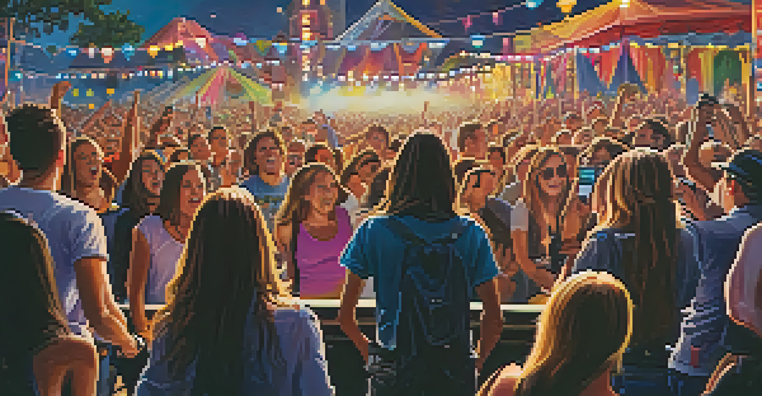 A lively outdoor music festival with musicians playing electric guitars on stage and an enthusiastic crowd in front.