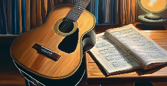 A close-up of an acoustic guitar on a wooden chair, with soft lighting and a blurred vinyl record player in the background.