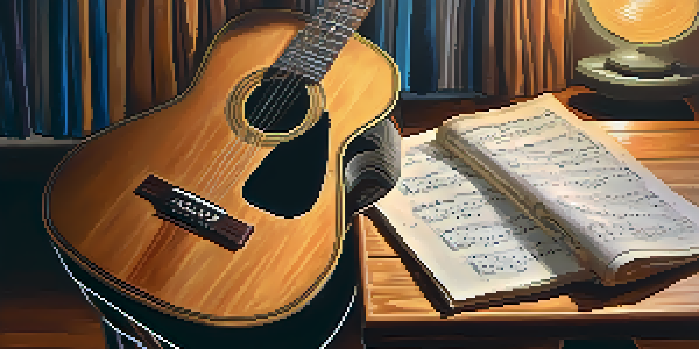 A close-up of an acoustic guitar on a wooden chair, with soft lighting and a blurred vinyl record player in the background.