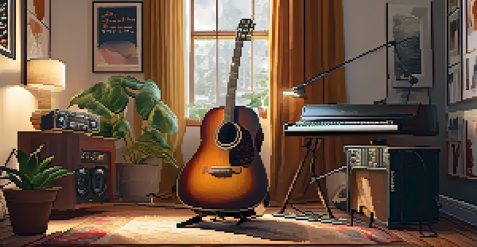 A warm and inviting home studio with a guitar, microphone, and decorative elements for live streaming.