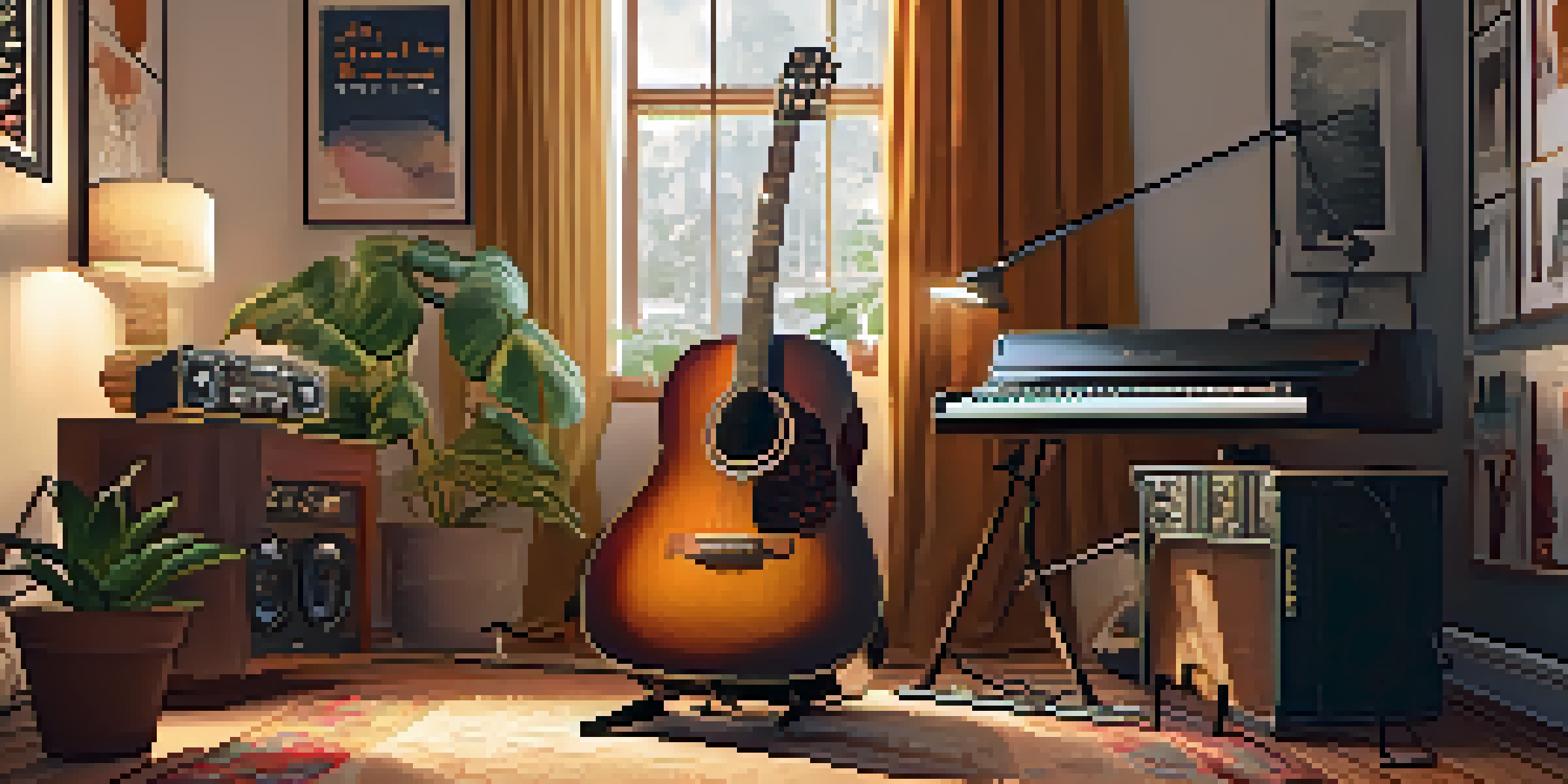 A warm and inviting home studio with a guitar, microphone, and decorative elements for live streaming.