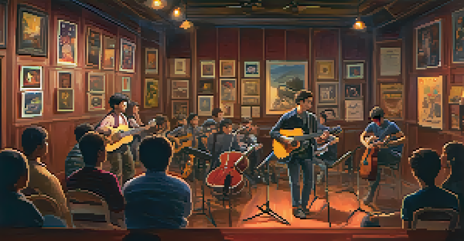 A young guitarist performing on stage indoors, with an engaged audience and warm lighting.