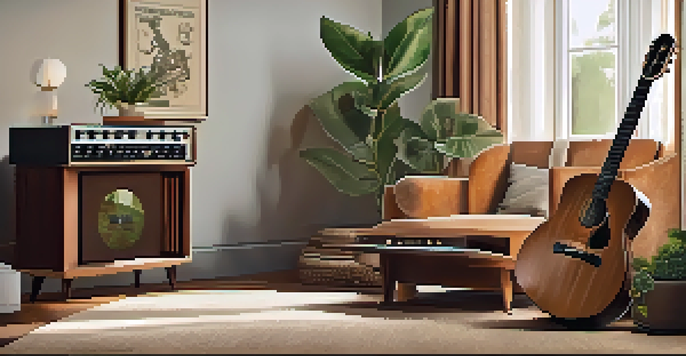 A guitar on a velvet stand in a cozy living room with natural light, plants, and a vintage record player.