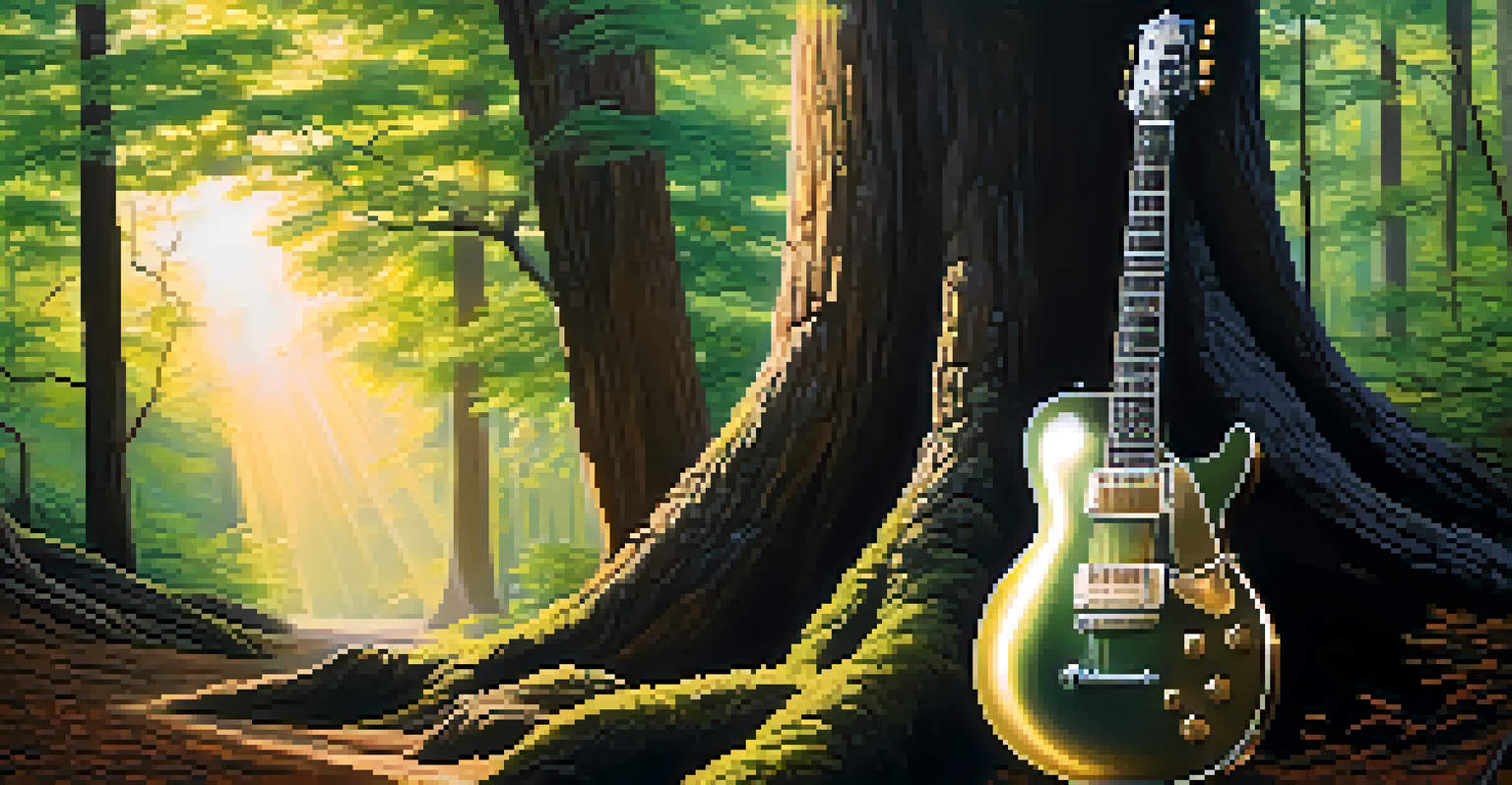 An electric guitar leaning against a tree in a sunlit forest, symbolizing a calm moment in contrast to heavy metal energy.