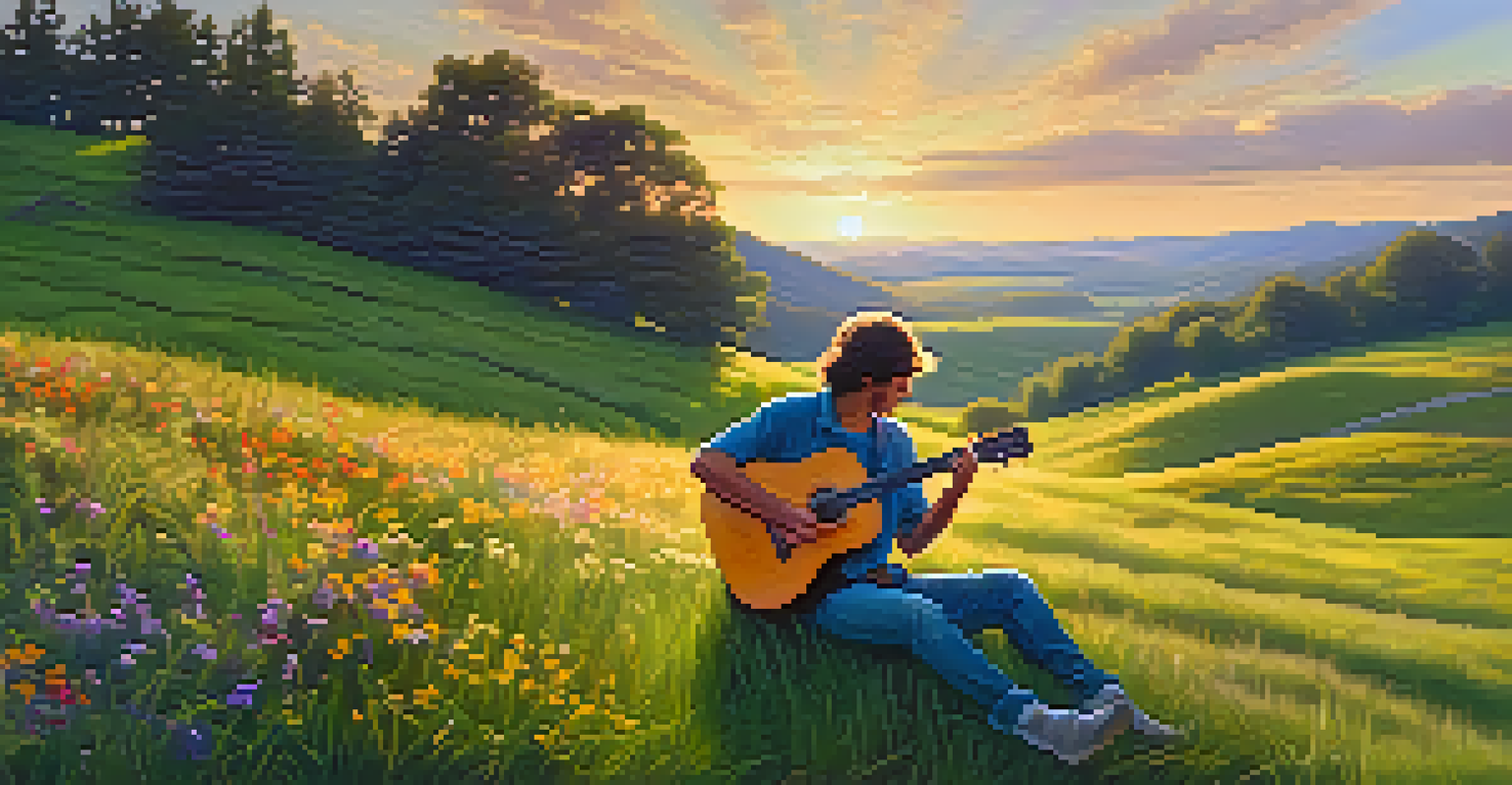 A musician sitting on a hill playing guitar surrounded by nature during sunset.