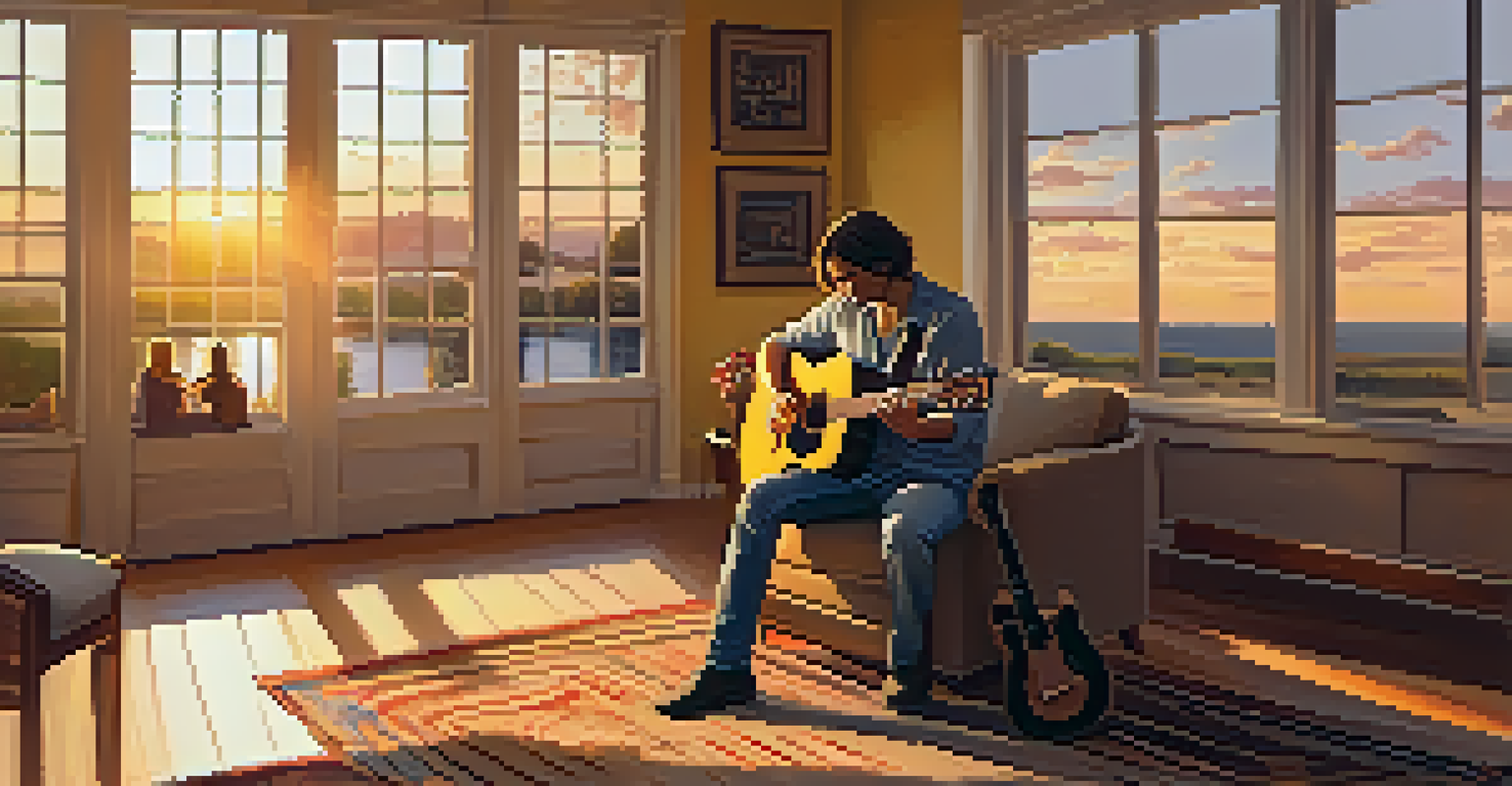 A guitarist practicing fingerpicking indoors with musical notes floating around and a sunset outside the window.