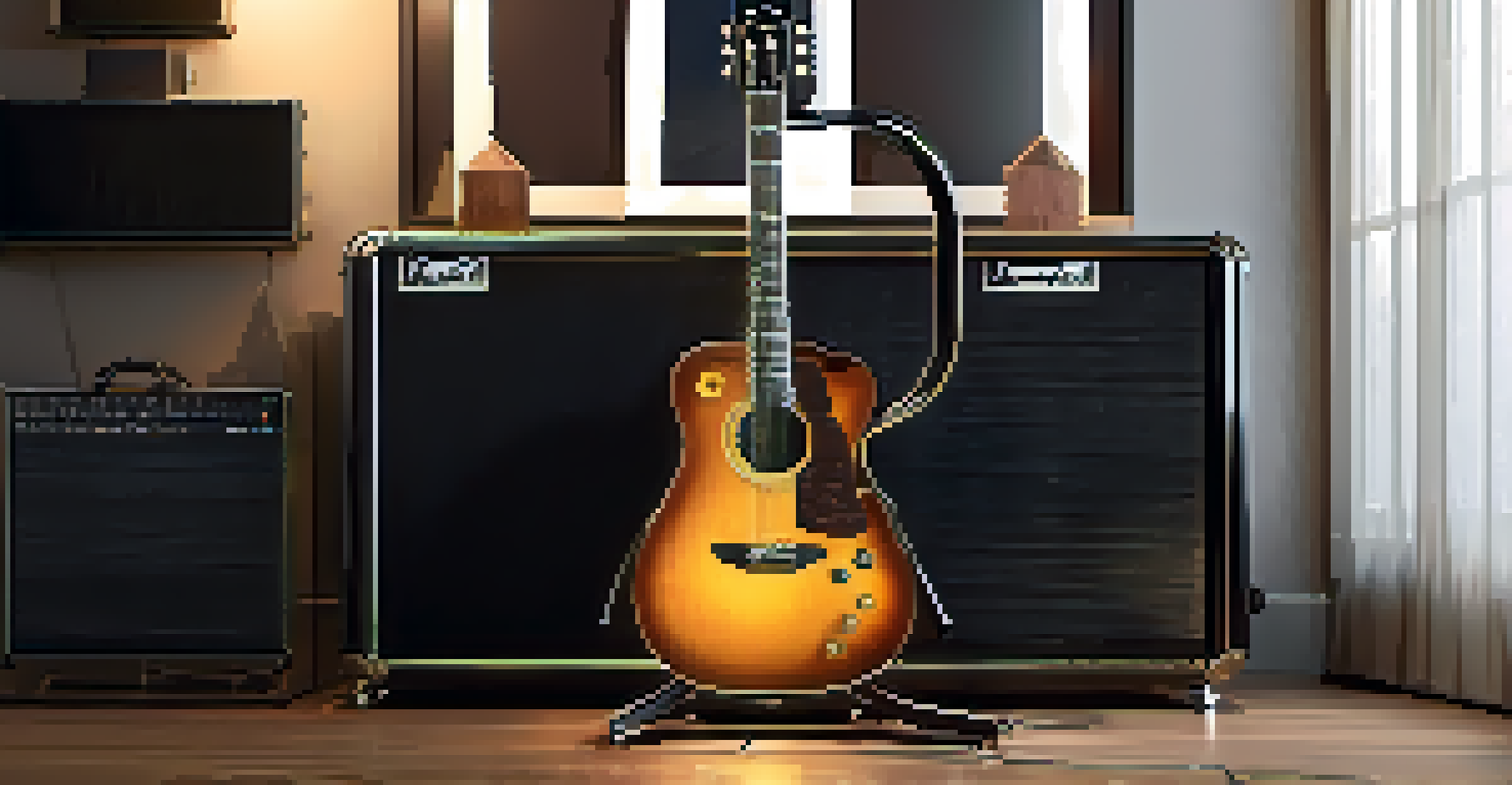 A neatly organized guitar storage area with an electric guitar on a stand and a hard case, illuminated by warm lighting.