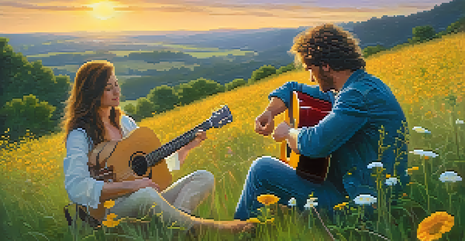 A guitarist and vocalist performing together on a grassy hill at sunset.