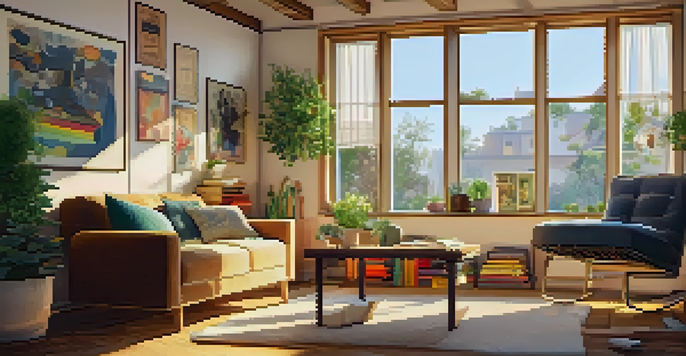 A cozy musician's corner featuring an acoustic guitar, soft armchair, and sunlit room with music sheets on the walls.