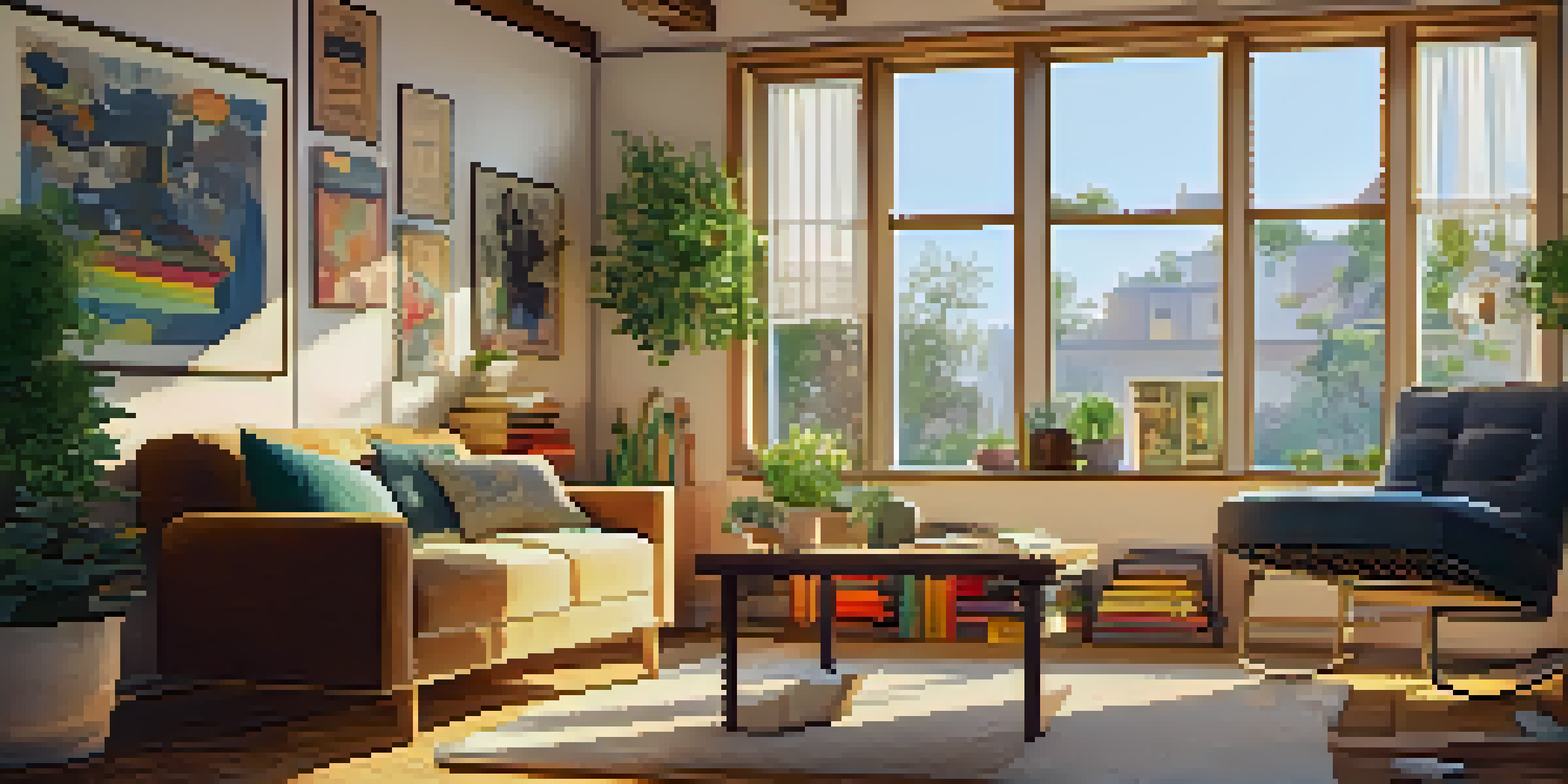 A cozy musician's corner featuring an acoustic guitar, soft armchair, and sunlit room with music sheets on the walls.